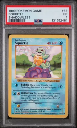 Squirtle Shadowless 63/102 1999 Pokemon Game Base Set PSA 1 - Image 1