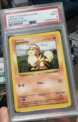 1999 Pokemon BASE SET Growlithe PSA 9 MINT 28/102 SHADOWLESS - Image 1