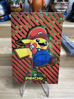 Mario Pikachu Green Holo Foil Pokemon 2024 Card Database Merry Christmas - Image 1