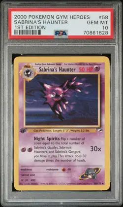 Pokemon TCG Sabrina's Haunter 1st Edition Card Gym Heroes 58/132 PSA 10 POP 54 - Image 1