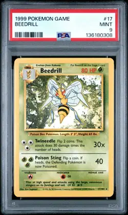 1999 POKEMON GAME BASE SET UNLIMITED #17 BEEDRILL PSA 9 MINT - Image 1
