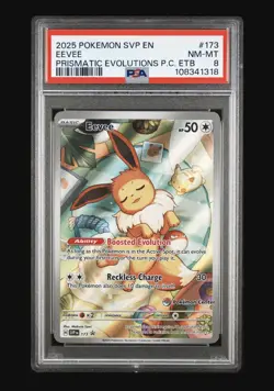 Eevee Prismatic Evolutions ETB Pokemon Center PSA 8 Pokemon English 173 Stamped - Image 1