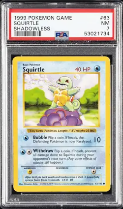 1999 POKEMON BASE SET SHADOWLESS #63 SQUIRTLE PSA 7 - Image 1