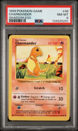 1999 POKEMON BASE SET SHADOWLESS #46 CHARMANDER PSA 8 - Image 1