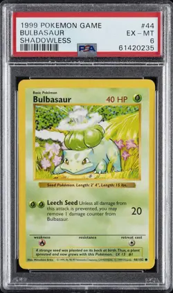1999 POKEMON BASE SET SHADOWLESS #44 BULBASAUR PSA 6 - Image 1
