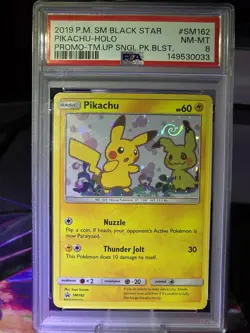 Team Up Black Star Promo Pikachu Ft. Mimikyu PSA 8 Perfect Swirl In HoloSM162 - Image 1