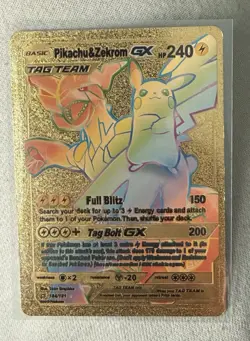 Pokemon Pikachu & Zekrom GX TAG TEAM Gold Metal Ultra Rare Card 221/173 - Image 1