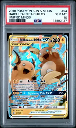 2019 POKEMON SUN & MOON UNIFIED MINDS #54 RAICHU & ALOLAN RAICHU GX PSA 10 - Image 1