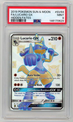 2019 POKEMON SUN & MOON HIDDEN FATES #SV64 FULL ART/LUCARIO GX PSA 9 MINT - Image 1