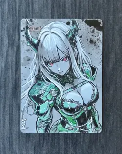 Magic MTG Altered Painted Swamp Dark Elf Anime Girl by white_alters - Image 1