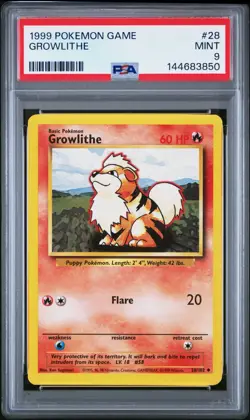 1999 POKEMON BASE SET UNLIMITED #28 GROWLITHE PSA 9 - Image 1
