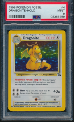 1999 Pokemon Fossil Dragonite Holo #4 PSA 9 MINT - Image 1