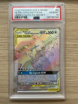 2019 Pokemon SM Hidden Fates Moltres Zapdos Articuno GX Rainbow #69/68 PSA 10 - Image 1