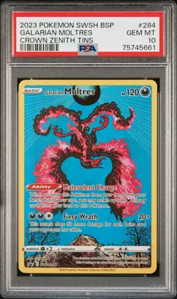 2023 POKEMON SWSH BLACK STAR PROMO CROWN ZENITH TIN #284 GALARIAN MOLTRES PSA 10 - Image 1