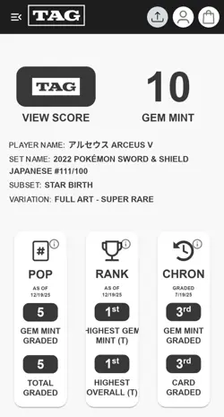 Arceus V SR 111/100 s9 Japanese Star Birth Pokemon Card TAG 10 HIGHEST GRADED - Image 2