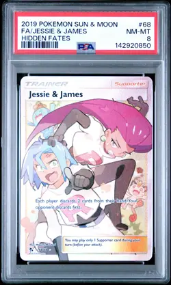 2019 POKEMON SUN & MOON HIDDEN FATES #68 FULL ART/JESSIE & JAMES PSA 8 - Image 1