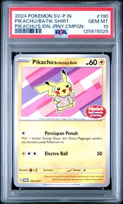 Pokemon Card Pikachu in Batik Shirt 190/SV-P Indonesia Journey Promo PSA 10 GEM - Image 1