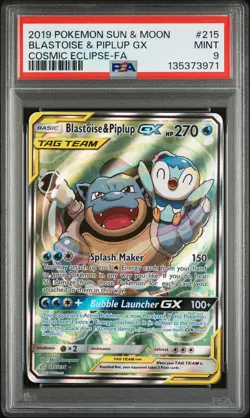 2019 POKEMON SUN & MOON COSMIC ECLIPSE #215 FULL ART/BLASTOISE & PIPLUP GX PSA 9 - Image 1