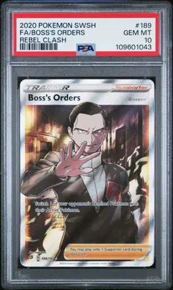 2020 POKEMON SWORD & SHIELD REBEL CLASH #189 FULL ART/BOSS'S ORDERS PSA 10 - Image 1