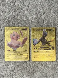 Set 2 Mew V HP180+Mewtwo GX HP300 Rare French Gold Accent Foil Fan Art Card LP - Image 1