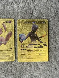 Set 2 Mew V HP180+Mewtwo GX HP300 Rare French Gold Accent Foil Fan Art Card LP - Image 3