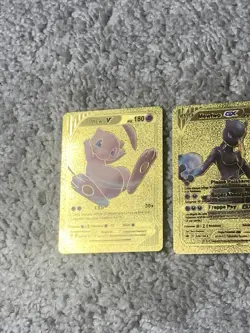 Set 2 Mew V HP180+Mewtwo GX HP300 Rare French Gold Accent Foil Fan Art Card LP - Image 4