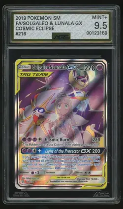 2019 Pokemon Sun & Moon Series Cosmic Eclipse 216 Solgaleo & Lunala GX AGS 9.5 - Image 1