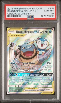 2019 POKEMON SUN & MOON COSMIC ECLIPSE FULL ART/BLASTOISE & PIPLUP GX PSA 10 - Image 1