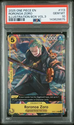 2025 ONE PIECE PROMOS ILLUSTRATION BOX VOL.3 #113 RORONOA ZORO PSA 10 - Image 1
