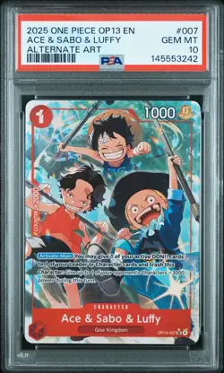 2025 ONE PIECE OP13-CARRYING ON HIS WILL ALTERNATE ART ACE & SABO & LUFFY PSA 10 - Image 1