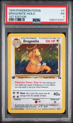 1999 POKEMON FOSSIL 1ST ED #4 DRAGONITE-HOLO PSA 1 - Image 1