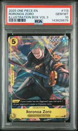 2025 ONE PIECE PROMOS ILLUSTRATION BOX VOL.3 #113 RORONOA ZORO PSA 10 - Image 1
