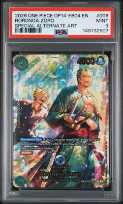 2026 ONE PIECE THE AZURE SEA'S SEVEN SPECIAL ALT ART #006 RORONOA ZORO PSA 9 - Image 1