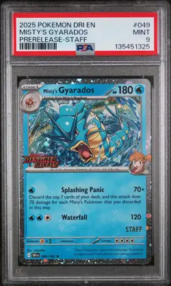 2025 POKEMON DRI EN-DESTINED RIVALS PRERELEASE-STAFF #049 MISTY'S GYARADOS PSA 9 - Image 1