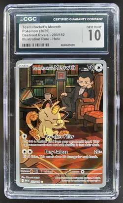2025 Pokemon Team Rocket's Meowth Illustration Rare #203/182 CGC 10 JB17 - Image 1