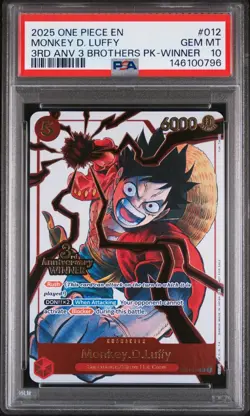 ONE PIECE 2025 MONKEY D. LUFFY 3RD ANV.TOURNAMENT 3 BROTHERS PK-WIN #012 PSA 10 - Image 1