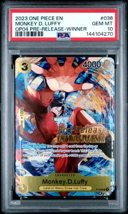 ONE PIECE 2023 MONKEY D. LUFFY OP04 PRE-RELEASE-WINNER PROMOS #036 PSA 10 - Image 1
