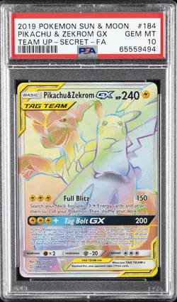 2019 POKEMON SUN & MOON TEAM UP SECRET #184 FULL ART/PIKACHU & ZEKROM GX PSA 10 - Image 1