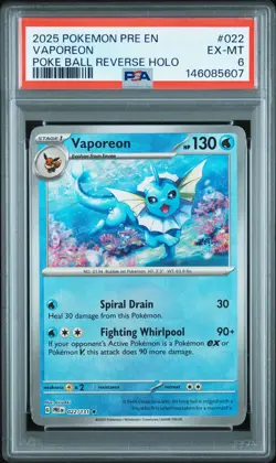 2025 POKEMON PRE EN-PRISMATIC EVOLUTIONS POKE BALL REVERSE HOLO VAPOREON PSA 6 - Image 1