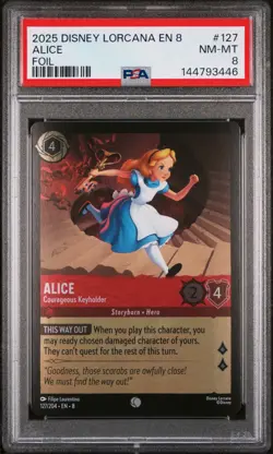 2025 DISNEY LORCANA EN 8-REIGN OF JAFAR FOIL ALICE COURAGEOUS KEYHOLDER PSA 8 - Image 1