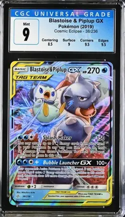 Pokemon Blastoise & Piplup GX 2019 Cosmic Eclipse 38/236 Holo CGC 9 - Image 1