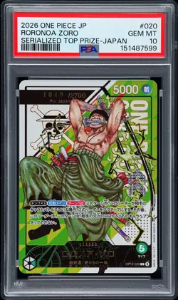 2026 ONE PIECE JPN SERIALIZED TOP PRIZE PROMO #020 RORONOA ZORO 1840/2700 PSA 10 - Image 1
