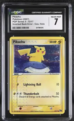 CGC 7 Pikachu 2007 POP Series 5 Holo 12/17 Inverted Back Error Pokemon Card - Image 1