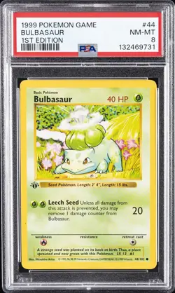 1999 POKEMON BASE SET 1ST EDITION #44 BULBASAUR PSA 8 - Image 1