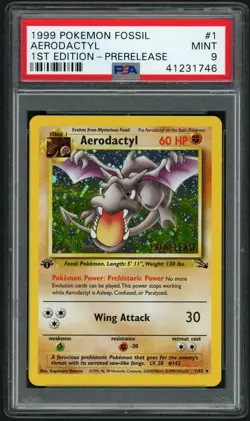 1999 POKEMON FOSSIL #1 AERODACTYL HOLO 1ST EDITION PRERELEASE PSA 9 - Image 1