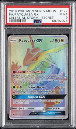 2018 POKEMON SUN & MOON CELESTIAL STORM SECRET #177 FULL ART/RAYQUAZA GX PSA 9 - Image 1