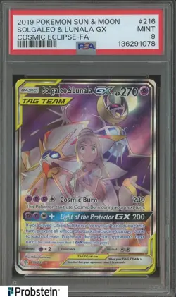 2019 Pokemon Sun & Moon Cosmic Eclipse FA #216 Solgaleo & Lunala Gx PSA 9 - Image 1