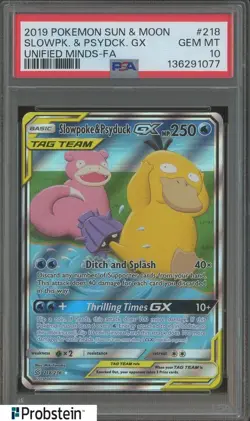 2019 Pokemon Sun & Moon Unified Minds FA #218 Slowpoke & Psyduck Gx PSA 10 - Image 1
