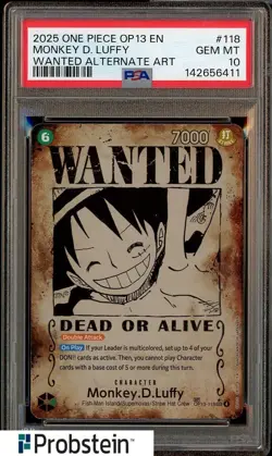 2025 One Piece OP13 EN #118 Monkey D. Luffy Wanted Alternate Art PSA 10 - Image 1