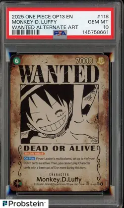 PSA 10 2025 One Piece OP13 EN Wanted Alt Art #118 Monkey D. Luffy GEM MINT - Image 1